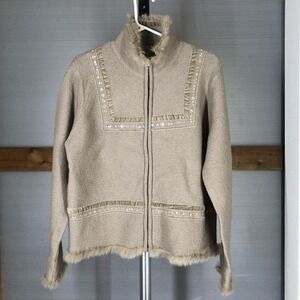 Sz XL- Vtg Deane & White 100% Wool Beige Jacket Faux Fur Sequins Velvet Ribbon‎